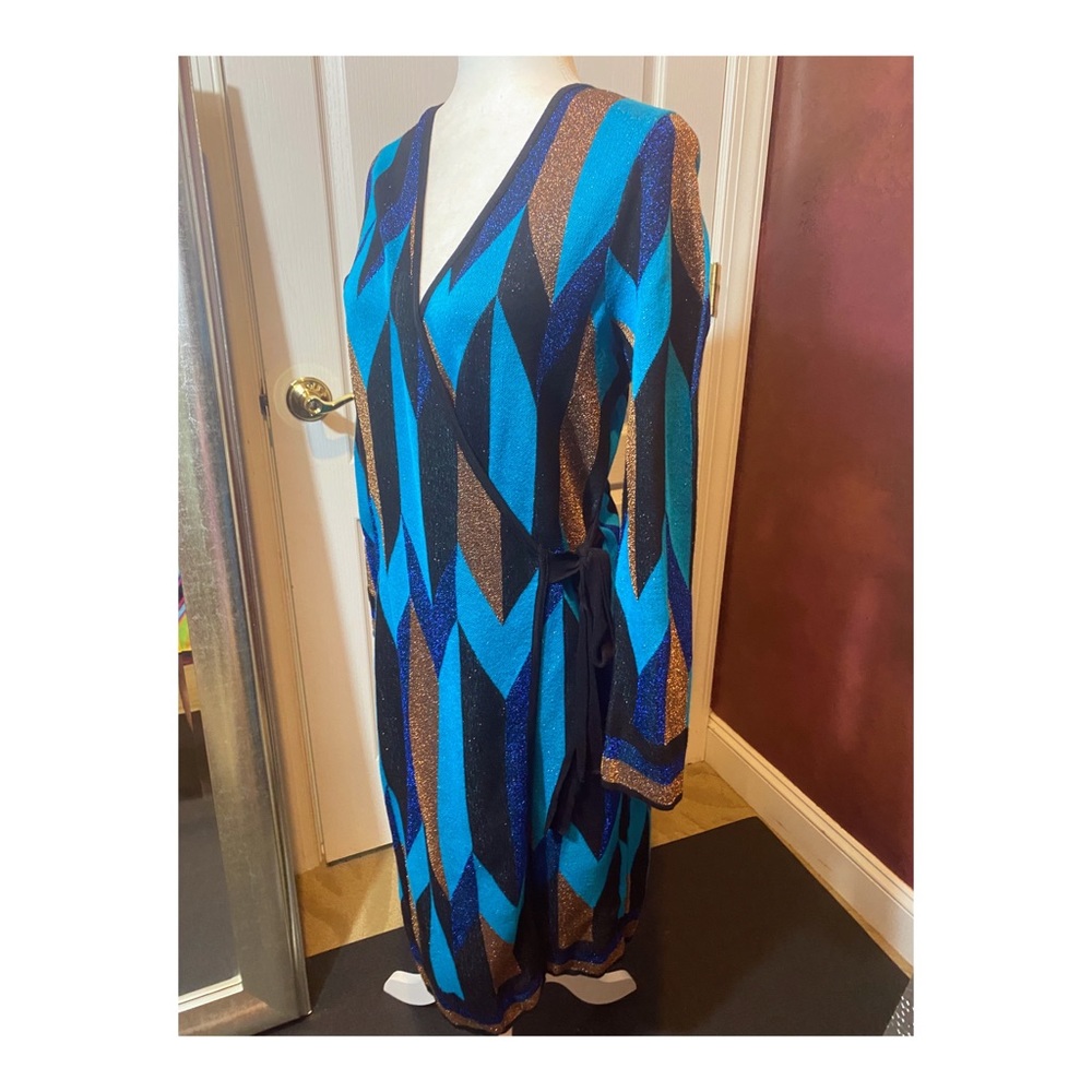 NWOT INC Blue Gold Chevron Wrap Dress